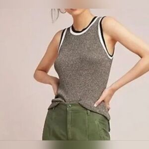 Moth By Anthropologie Valeria Metallic Shine Knit Tank Top w Black White Trim, S